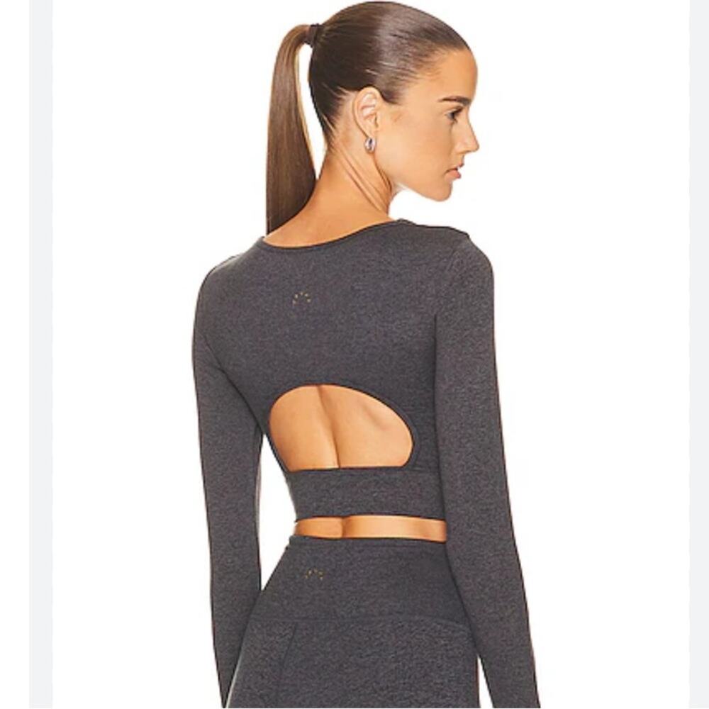 Varley Black Marl Always Warm Sloane Cropped Long Sleeve Tee